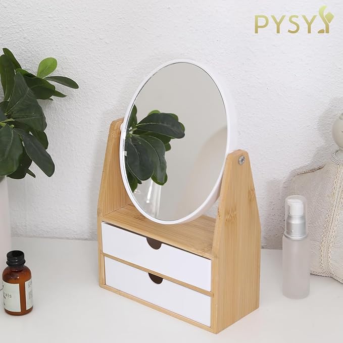 1x / 5X Magnifying Makeup Mirror, Jewelry and Cosmetics Storage Box with Double Drawers, Adjustable Natural Bamboo Stand, 360° rotatable Vertical Desktop Mirror (1, Oval)