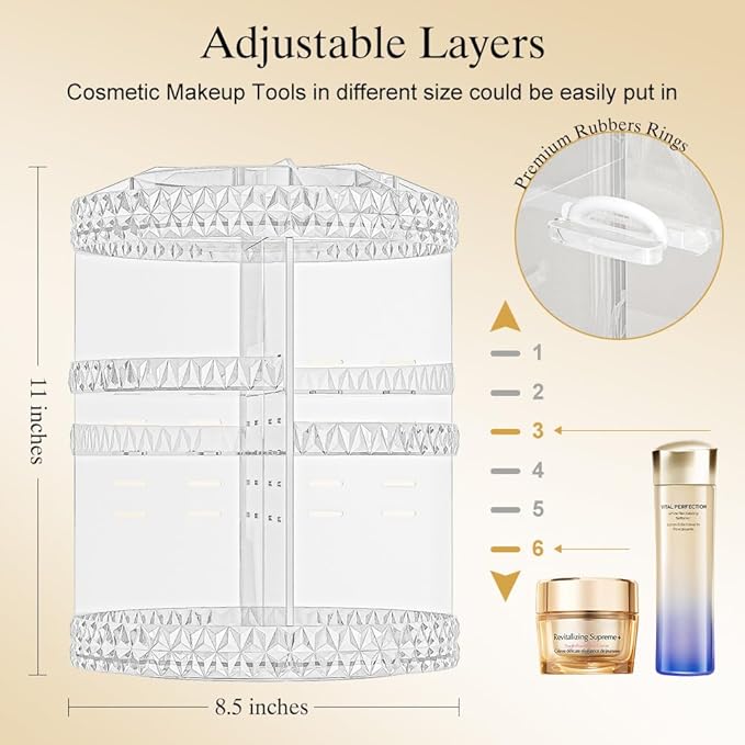 360 Rotating Makeup Organizer, DIY Adjustable Makeup Carousel Spinning Holder Storage Rack, Large Capacity Vanity Organizer Skincare Organizers (Clear)