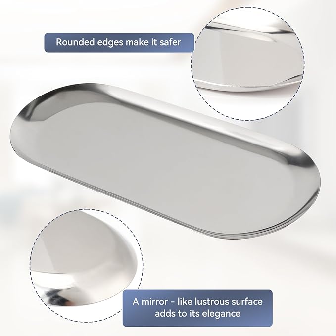 2PACK Silver Decorative Tray,Oval Stainless Steel Trays, Decorative Tray for Jewelry Dish Cosmetics Organizer Bathroom Clutter Serving Platter (Silver, 9 in)