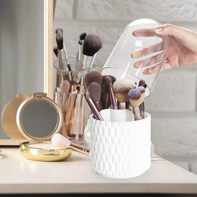 Makeup Brush Holder Organizer with Lid -360° Rotating Dustproof Make Up Brushes Container with Clear Acrylic Cover, Spinning Cosmetics Holders Storage Cup with 5 Compartment