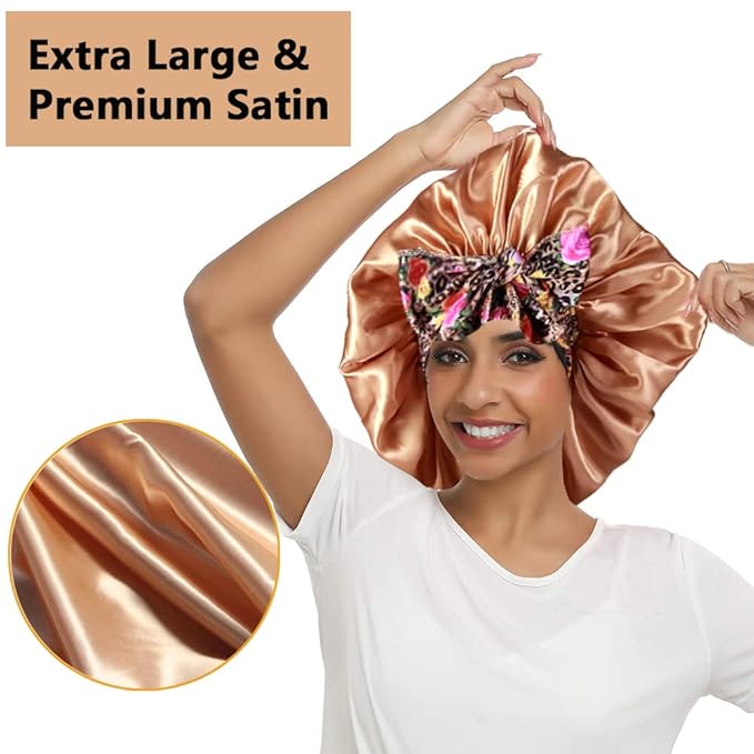 2pcs Large Silky Bonnets with tie Band Braid Bonnet, Satin Bonnet for Sleeping Curly Hair, D