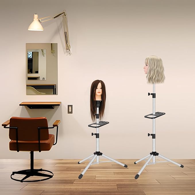 Wig Stand Tripod 50 Inch Metal Wig Mannequin Head Tripod Stand For Hairdressing Training Head Adjustable Wig Tripod Stand with Tool Tray (Silvery, Mannequin Head Not Included)