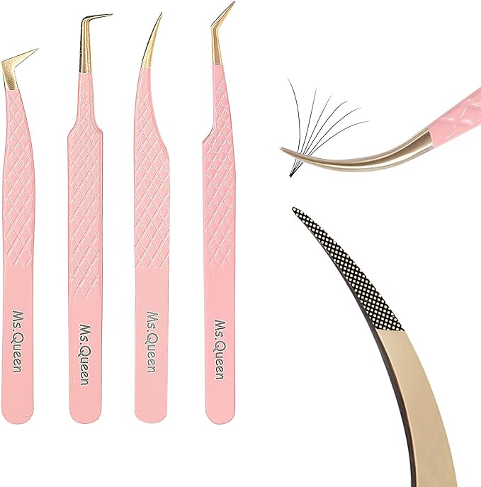 Ms.Queen Lash Tweezers for Eyelash Extensions,Precision 4Pcs Fiber Tip Grip 45 90 Degree L-Shaped Boot Curved Isolation Eyelash Tweezers Set