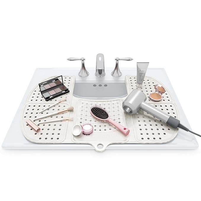 Sink Topper Bathroom Counter Cover & Storage Saver, Foldable Silicone Mat for Hot Tools, Hair Styling & Makeup, Beauty Brush Cleaning Mat, RV Camper Sink Cover & for Small Spaces (Large Pearl)