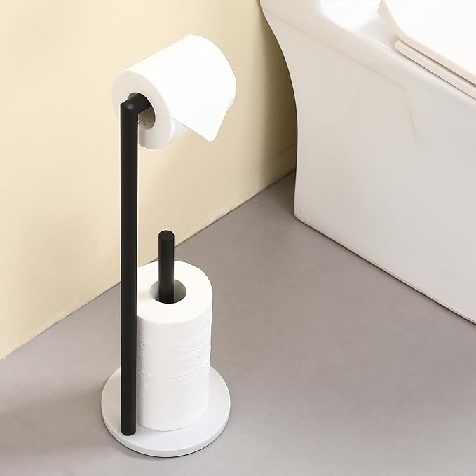 Hoooh Free Standing Toilet Paper Holder with Reserve - Heavyweight Marble Base & Matte Black Stainless Steel Bathroom Tissue Stand