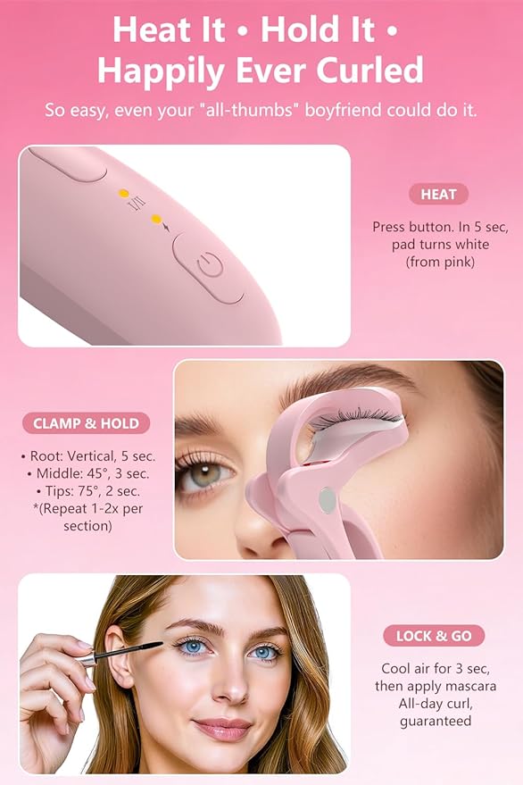 Smart Heated Eyelash Curler for Women: KOKABI Electric Eyelash Curler with USB-C Rechargeable, 10s Ready & Safe Silicone Pad | Salon-Level Eye Lash Curling That Last All Day (Pink)