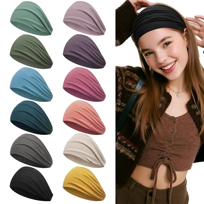 Wide Headbands for Women Non Slip, Fabric Head Bands for Women's Hair, Nurse Headbands for Women, Fashion Winter Hair Accessories, 12 Solid Colors
