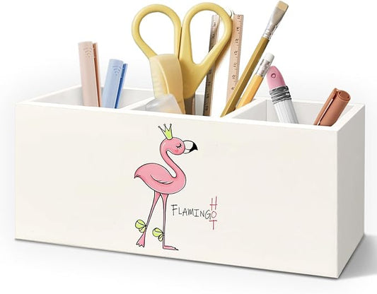 Funny Flamingo Wooden Pen Pencil Holder for Desk Accessories, Preppy Girly Desk Decor, Funny Pink Flamingo Wood Makeup Brush Toothbrush Holder Organizer for Vanity Bathroom