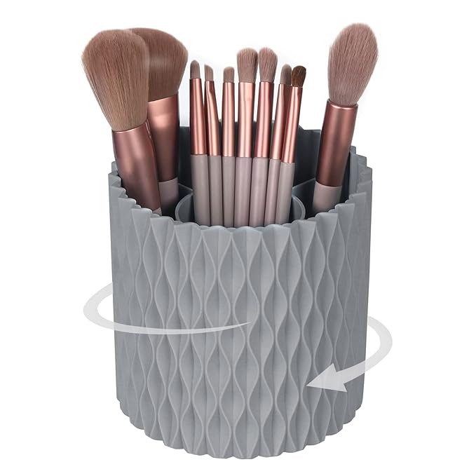 Makeup Brush Holder Organizer - 360° Rotating, 5-Slot Brush Cup for Cosmetics, Lipsticks, Pens | Vanity & Desk Organizer (Grey)