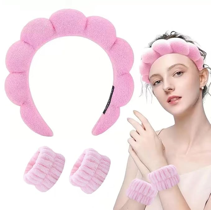 Spa Headband and Wristband Set for Women,Terry Cloth Sponge Headband for Washing Face,Makeup,Facial Mask and Skincare (Black,Pink, One Size)