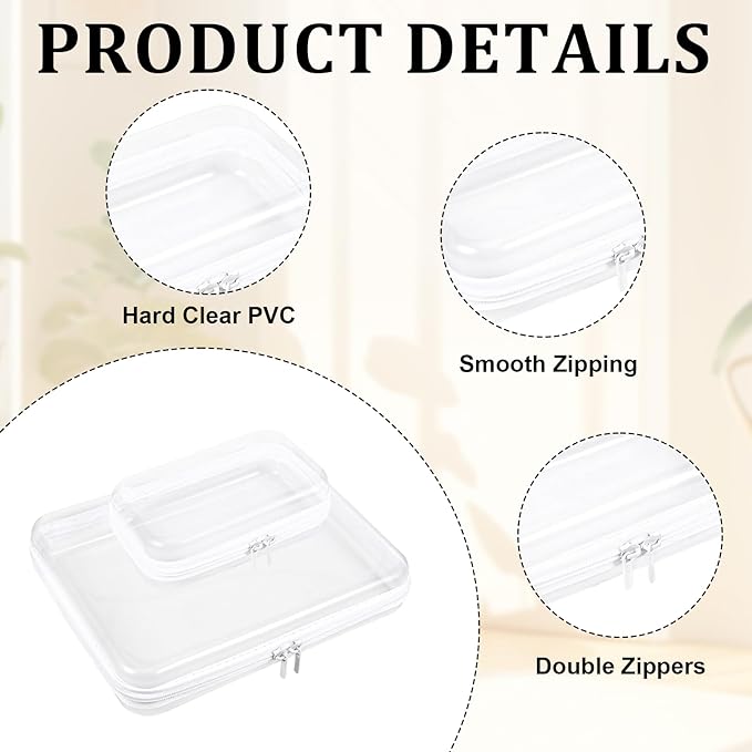 2 Pcs Clear Hard Shell Zipper Case, Clear Zipper Pouches Hard Shell, Portable Waterproof Plastic Transparent Storage Box Set with Double Zips for Cosmetic Stationery Snack Toy Storage Organizer Bins