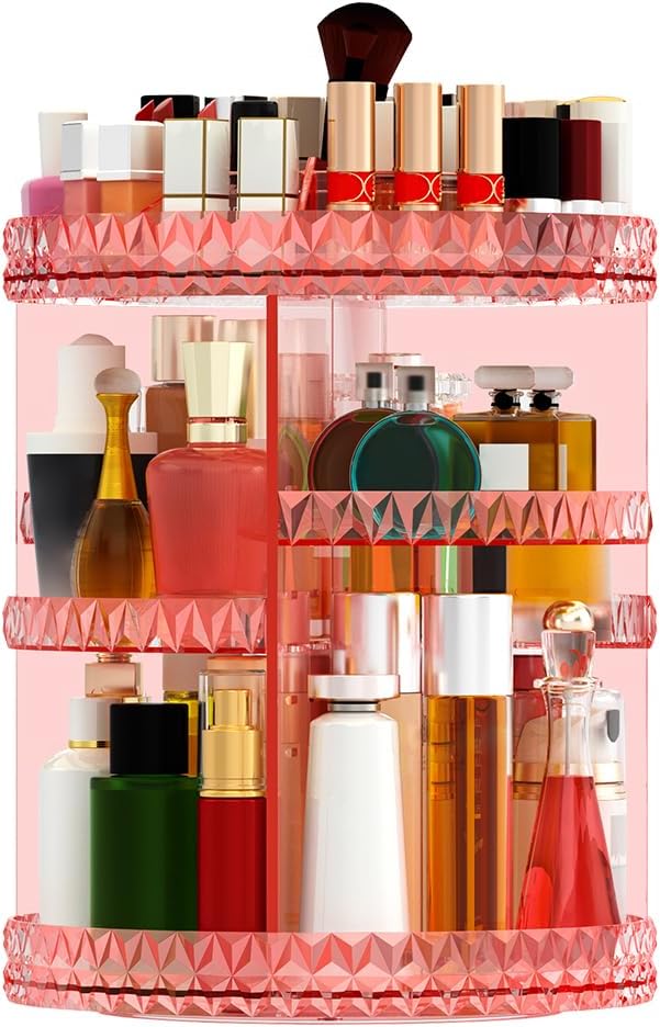 360 Rotating Makeup Organizer, DIY Adjustable Makeup Carousel Spinning Holder Storage Rack, Large Capacity Vanity Organizer Skincare Organizers (Pink)