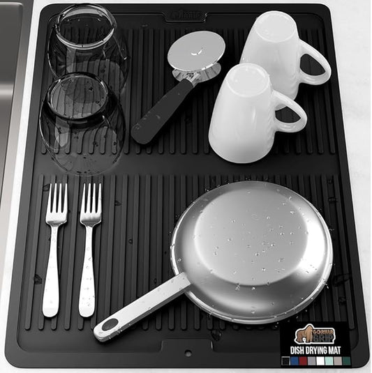 GORILLA GRIP 100% BPA-Free Patented Silicone Dish Drying Mat for Kitchen Counter, 18x24 Inch, Water Catching Ribbed Design, Easy Clean Waterproof Sink Liner, Heat Resistant, Fits Under Rack, Black