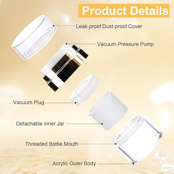 1.7/1/0.5oz Refillable Cosmetic Moisturizer Airless Pump Jar 3 Pack Bottles Travel TSA Size for Cream, Gels and Lotion with 2 Silicone Cream Jars BPA-Free