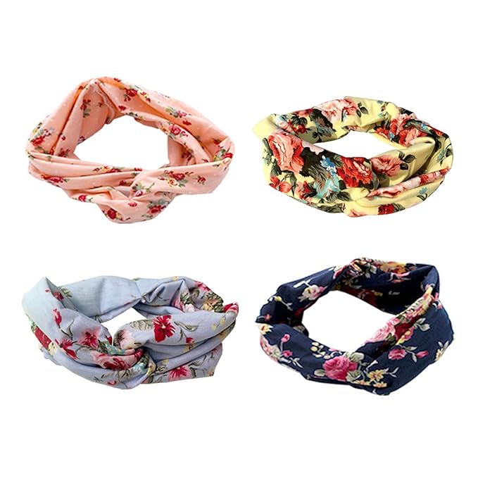 DRESHOW 4 Pack Boho Headbands for Women Girls Yoga Criss Cross Knot Hairbands Vintage Flower Headwraps