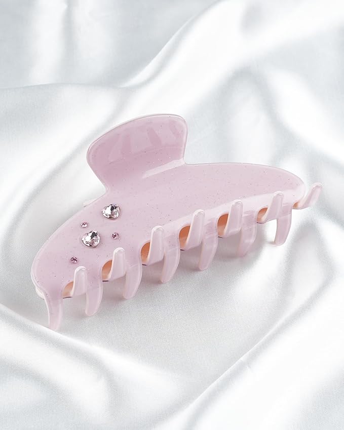 MAORULU Cute Claw Clip for Women – 4'' Large Acetate Hair Clips for Thick Thin Curly Long Hair, Rhinestone Jaw Clip Non-slip Hair Clamps, Strong Hold, Stylish French Design (Pink Rhinestone Clips)