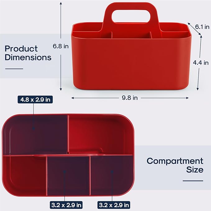 Multiuse Caddy Organizer with Handle - Stackable Plastic Tote Bin - Art Craft Supplies, Office, Desk, Stationery Pen Holder, Kitchen, Utensil, Makeup, Bathroom, Shower, Cleaning, Dorm Organizer - Red