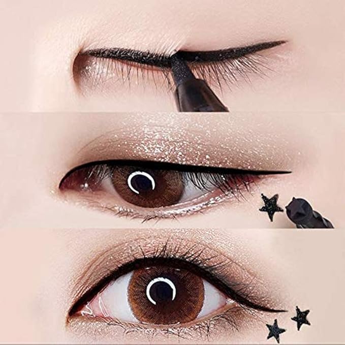 evpct 4in1 Star Flowers Hearts Moon Face Stamps Eyeliner Makeup Set, Black Colored Liquid Winged Wing Eyeliner Stamp Wingliner, Waterproof, Star Eye Liner Stamp Figures Tool