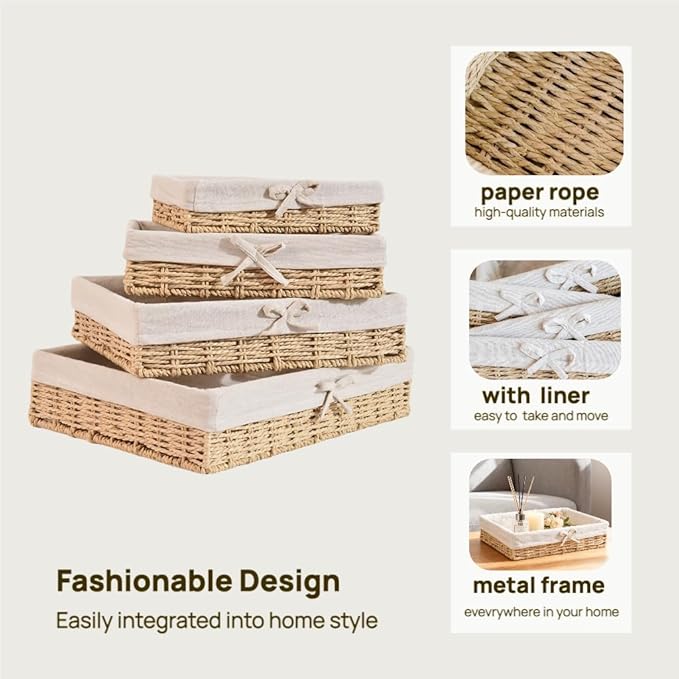 4PCS Wicker Storage Baskets Hand-woven Baskets for Shelves Rattan Basket for Bathroom Storage with Lining Decorative Rectangle Shelf Baskets Set for Pantry Kitchen Bedroom