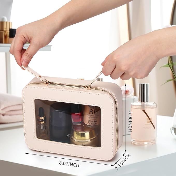 Clear Makeup Bag Set Portable Travel Cosmetic Bag and Toiletry Bag Women's Purse Pouch Cosmetic Stroage Organizer Bag with Zipper Car Essentials (Beige, M+Mini)