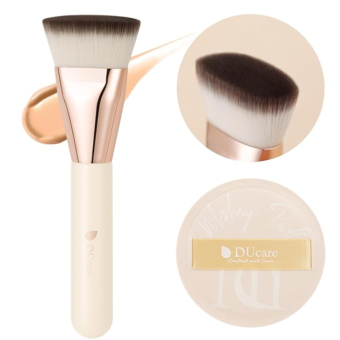 DUcare Foundation Brush for Liquid Makeup, Flat Top Professional Kabuki Brush with Puff Buffing Blending Mineral Powder Large Makeup Face Brush