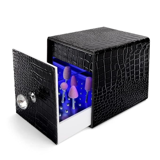 Nail Drill Bit Holder,Blue UV Light Box for Grinding Heads Dustproof Stand Displayer Acrylic 48 Holes Nail Salon Organizers Manicure Tools with USB Charging, Black (Not Inlcude Drill Bits)