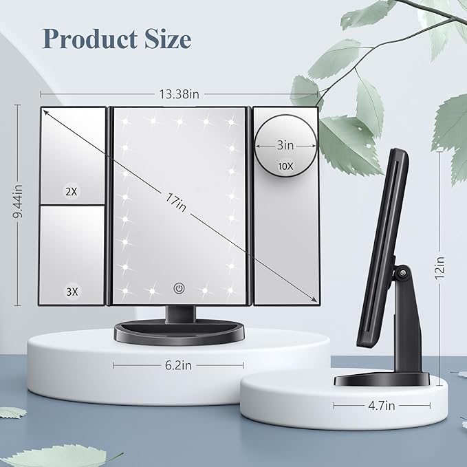 HUONUL Makeup Mirror Vanity with Lights, 2X 3X 10X Magnification, Touch Control, Trifold Mirror, Dual Power Supply, Gifts for Women, Wife, Mom, Teengirls(Black)
