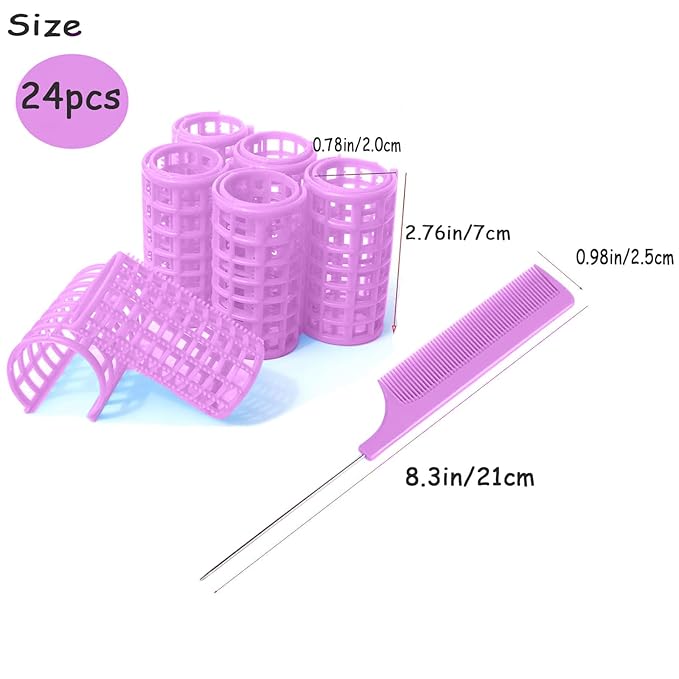 24PCS Plastic Hair Rollers Set 2.0cm/0.8in Heatless Rollers Hair Curlers Snap on Rollers Self Grip Rollers Hairdressing Curlers Tools for DIY Hairdressing Hair Salon (Purple)