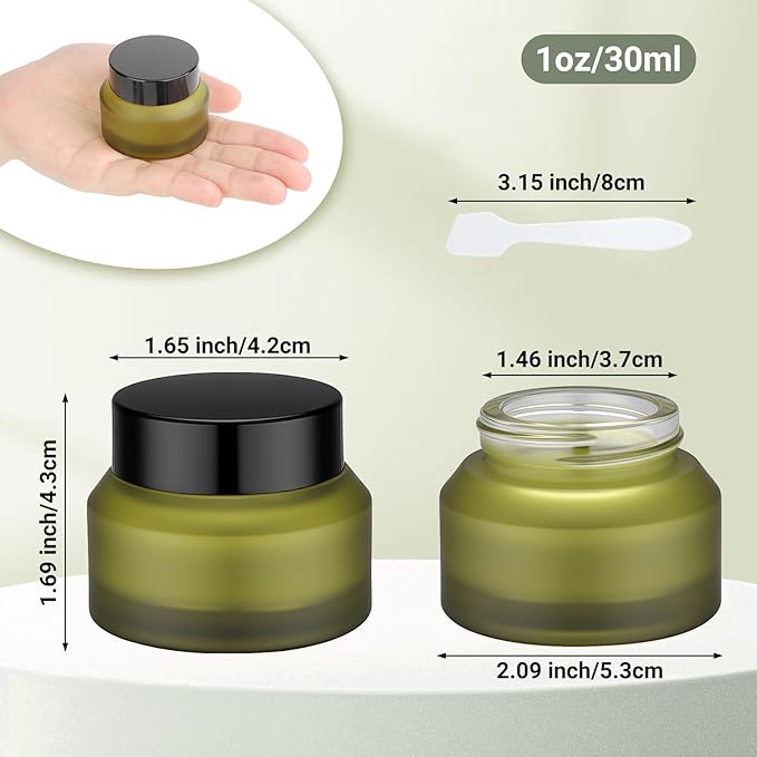 Segbeauty 1oz Green Frosted Glass Refillable Cosmetic Containers Jars with Lids, Empty Lotion Bottles with Spatulas, Travel Containers for Toiletries 4pcs 30ml, Empty Travel Size Bottles Jars