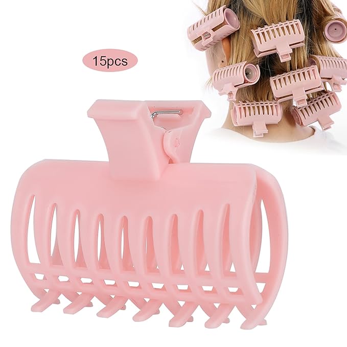 Hot Roller Clips Roller 15Pcs, Hair Curler Claw Clips Fixing Clamp Set, Plastic Reusable Hair Styling Curling Clips for Women Girls Hair Section Styling 1.97x2.56 Inches()