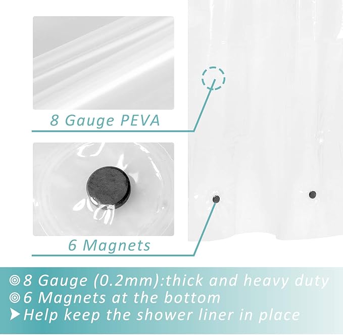Mrs Awesome Extra Long Shower Curtain Liner with 6 Magnets 72 x 84 inch, Clear PEVA 8G Heavy Duty Thick Plastic Shower Curtain, Waterproof, 72x84