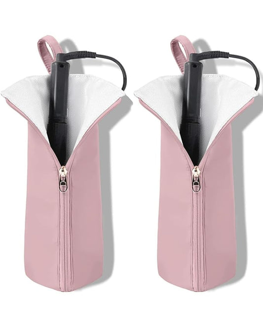 Holder & Mat for Curling Iron Flat Iron, Heat Resistant Hot Hair Tool Travel Bag Case (pink 2 pack)