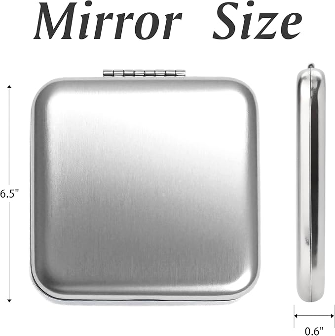 Compact Mirror for Purse, Metal Square Shell, Double-Sided 1X/2X Magnifying, Portable Travel Makeup Mirror, Mini Pocket Mirror, Sliver, 2 Packs