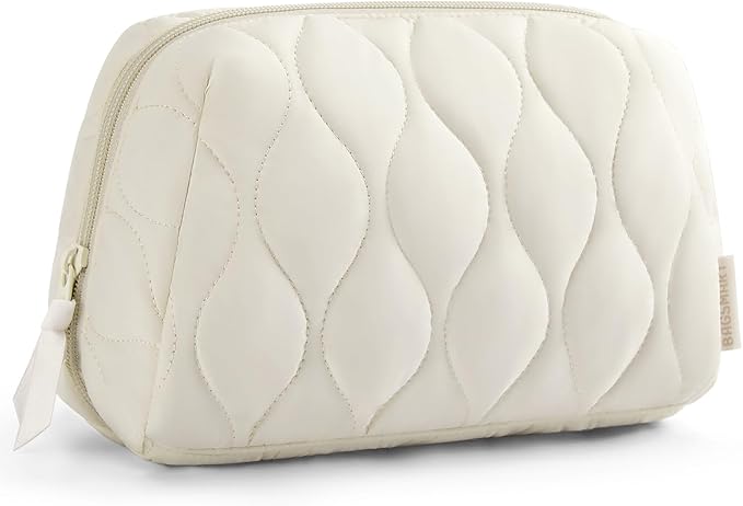 BAGSMART Makeup Bag, Travel Cosmetic Bag, Puffy Padded Make Up Bag for Women, Makeup Organizer Case, Wide-open Pouch Purse, Travel Essentials, Toiletries Accessories Brushes, Beige