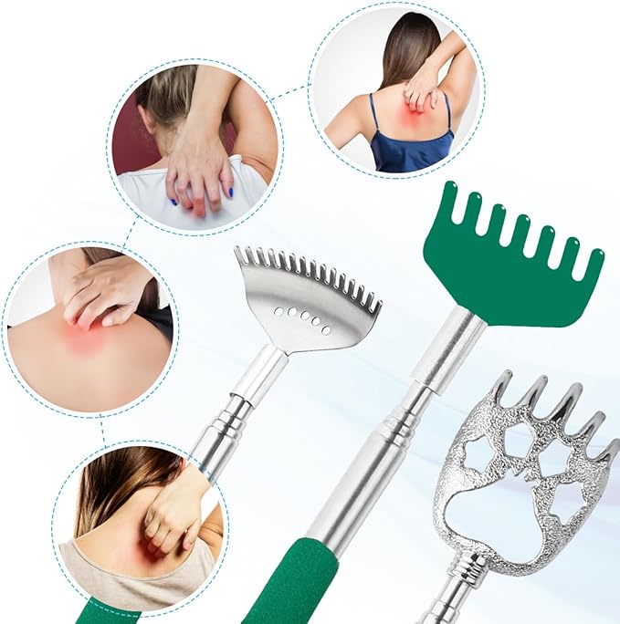 3 Pack Different Back Scratcher Metal Portable Telescoping Back scratchers with Rubber Handles, Extendable Back Massager Tool with Beautiful Box Great Stocking Stuffers（Green）