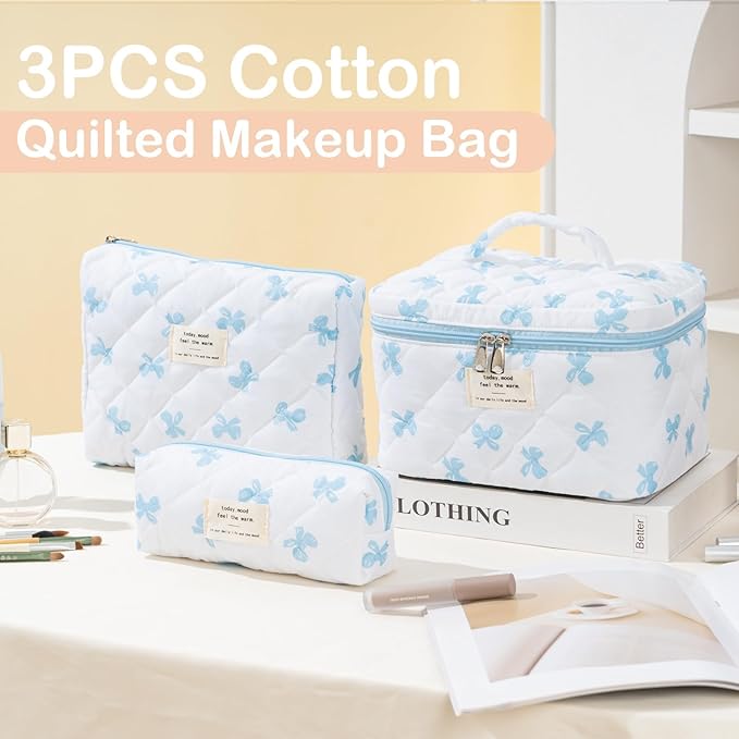 Makeup Bag for Women 3PCS Quilted Cotton Make Up Bag Travel Cosmetic Bag Large Makeup Bag Set Cute Blue Bow Makeups Organizer Floral Toiletry Pouch for Purse