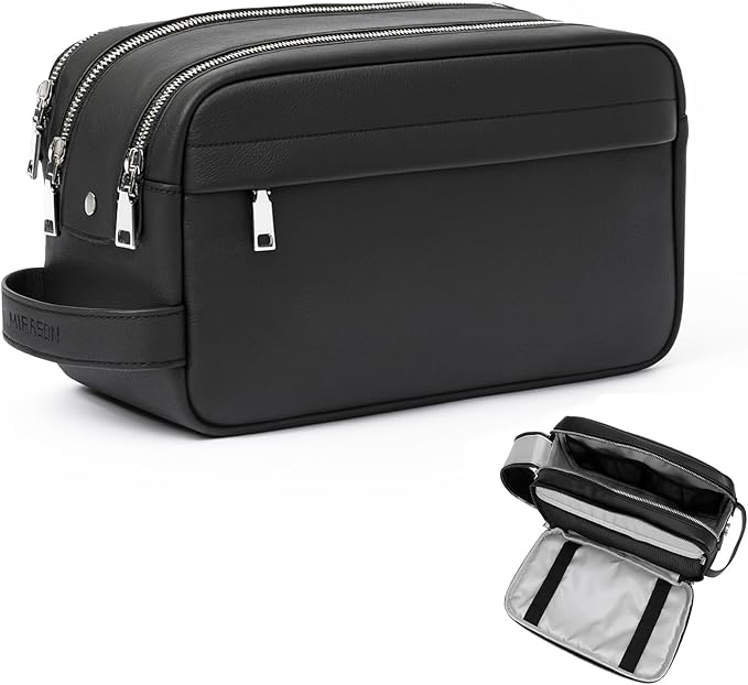 MIRASON Travel Toiletry Bag for Men Leather Travel Bag for Toiletries, Dopp Kit Water-resistant Shower Bag for Shaving Bathroom Organizer Gifts for Men, Black