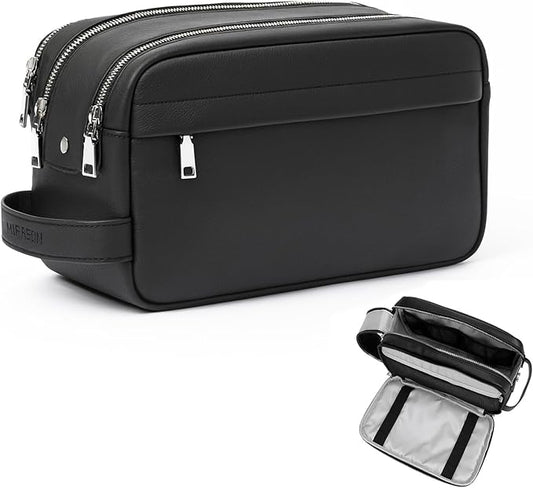 MIRASON Travel Toiletry Bag for Men Leather Travel Bag for Toiletries, Dopp Kit Water-resistant Shower Bag for Shaving Bathroom Organizer Gifts for Men, Black
