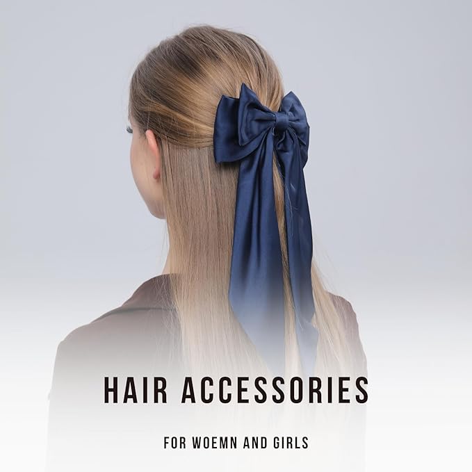 2PCS Big Hair Bow Clips for Women Girls – Navy Blue Satin Ribbon Bow Barrettes with Long Tails, Large Hair Accessories for Ponytail, Party, Wedding & Everyday Wear