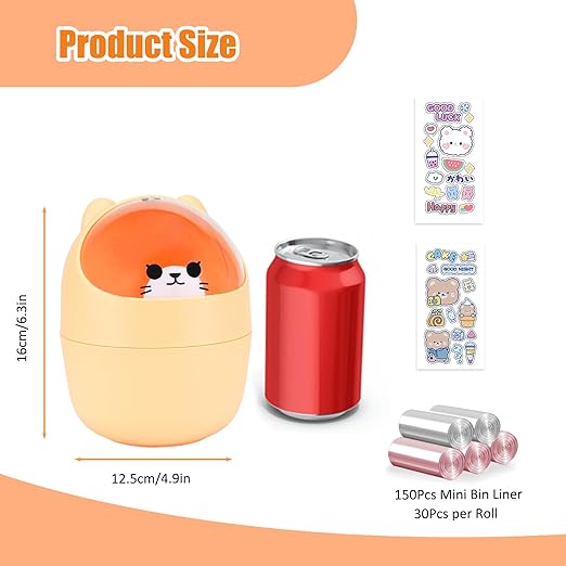 Cute Desktop Tiny Trash Can with Flip Lid, Creative Kawaii Bear Mini Wastebasket, Portable Countertop Dustbin for Office Kitchen Vanity Tabletop Bedroom (Yellow)