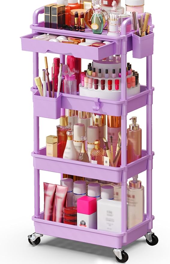 Makeup Cart Organizer with Drawers, 4 Tier Floor Skincare Organizers for Vanity, Rolling Makeup Bathroom Storage Cart Cosmetics Display Cases for Skin Care Perfume Nail Polish, Purple