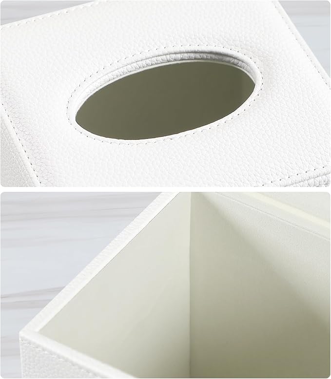 JLAMBOM PU Leather Tissue Box Cover Square Tissue Box Holder with Magnetic Closure, Decorative Tissue Holder for Bathroom Bedroom Office (White)