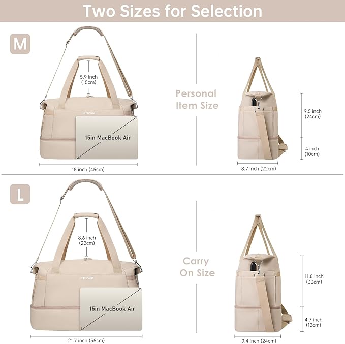ETRONIK Gym Bag for Women, 45L Carry On Travel Duffel Bag with Shoes Compartment, Weekender Overnight Bag with Wet Pocket & USB Charging Port for Women, Travel, Gym, Weekend, Large Size (Beige)