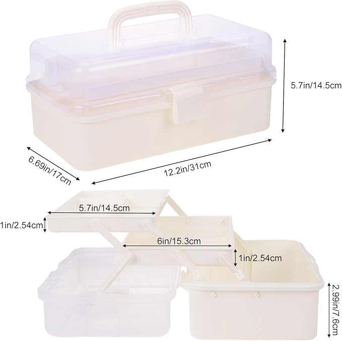 OUTUXED 12.5inch 3-Layer Multipurpose Craft Organizers, Portable Folding Toolbox, Plastic Tool Box with Handle for Sewing Supplies, Medicine, Art Supplies, Nails and Hair Accessories(White)