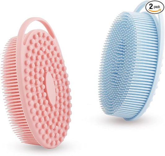 Soft Silicone Body Scrubber 2 PCS Silicone Body Shower, Silicone Loofah 2 in 1 Bath and Shampoo Brush, Body Scrubber Shower Cleaning Exfoliating Use for Sensitive Skin, Lather Well(Pink and Blue)
