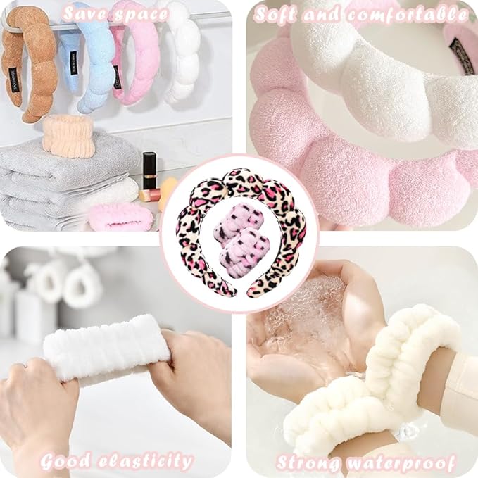 Tetizo Spa Headbands for Washing Face Wristband Set Sponge Makeup Skincare Headband Wrist Towels Bubble Soft Terry Towel Cloth Hairband for Women Puffy Headwear Non Slip Thick Thin Hair Headwear