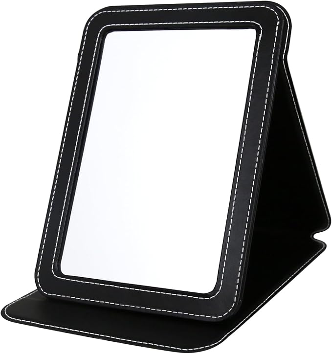Travel Mirror for Desk, 5.3×6.9” Adjustable Rectangle PU Edge Covering Black Foldable Desk Mirror with Stand for Travel Camping Home (Black)