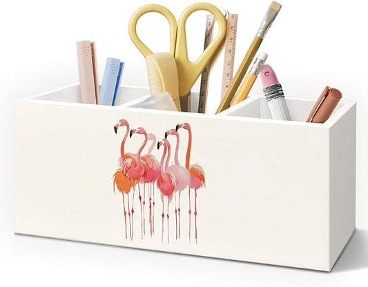 Tropical Flamingo Wooden Pen Pencil Holder for Desk Accessories, Flamingo Gifts for Women Girls, Preppy Girly Wood Makeup Brush Toothbrush Holder Organizer for Vanity Bathroom
