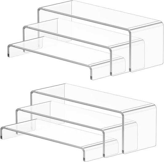 6 Pcs Large Acrylic Display Risers (7" L~8" L), Sturdy Rectangular Dessert Stands, Perfume Shelf Organizer, Clear Riser Stands, Display Shelves for Cupcake, Perfume, Figure, Collection, Decoration.