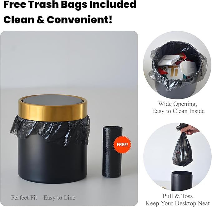 Mini Trash Can with Lid, 1.5 Liter / 0.4 Gallon Small Metal Desk Garbage Bin for Countertop, Coffee Bar, Vanity – Black